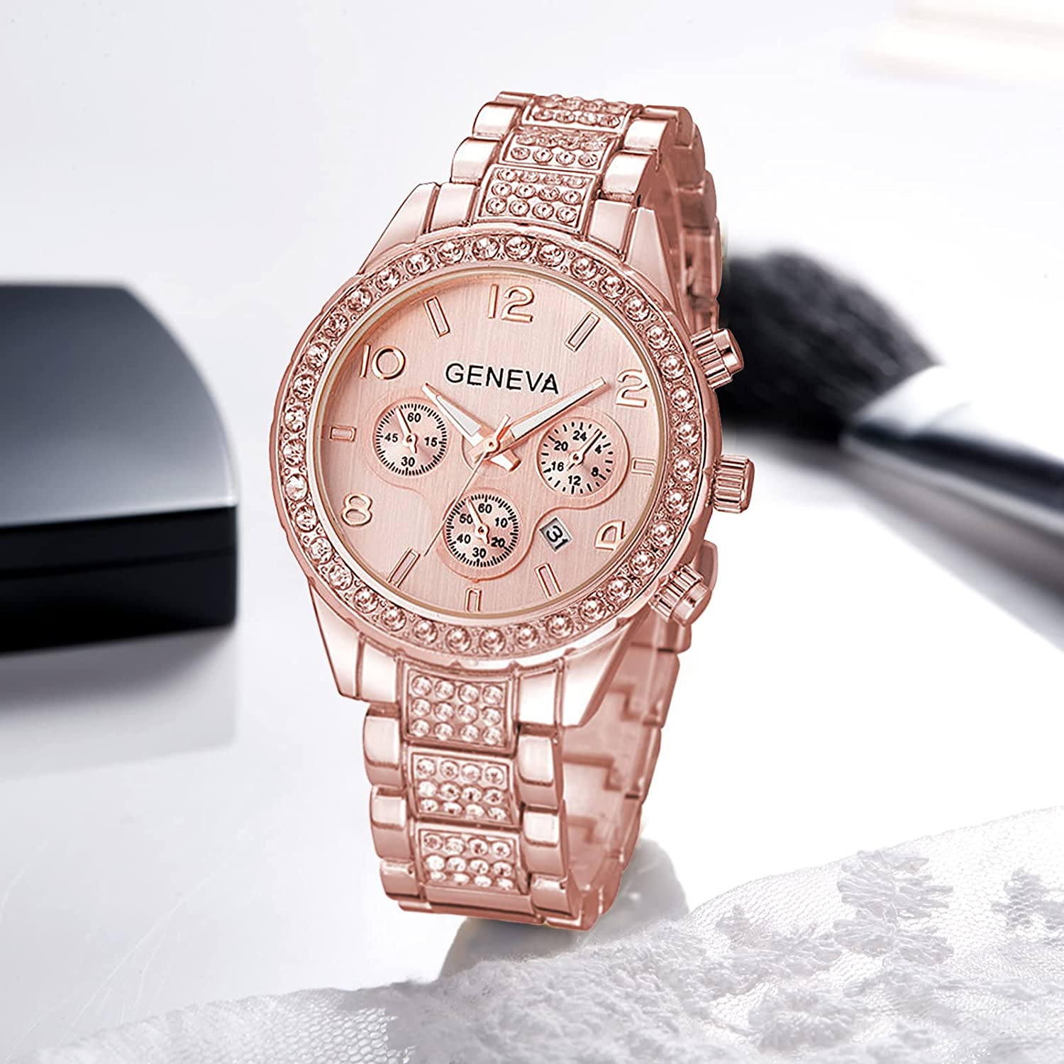 Gosasa Luxury Unisex Crystal Diamond Watches Quartz Digital Calendar Rose Gold Silver Stainless Steel Watch - Image 2